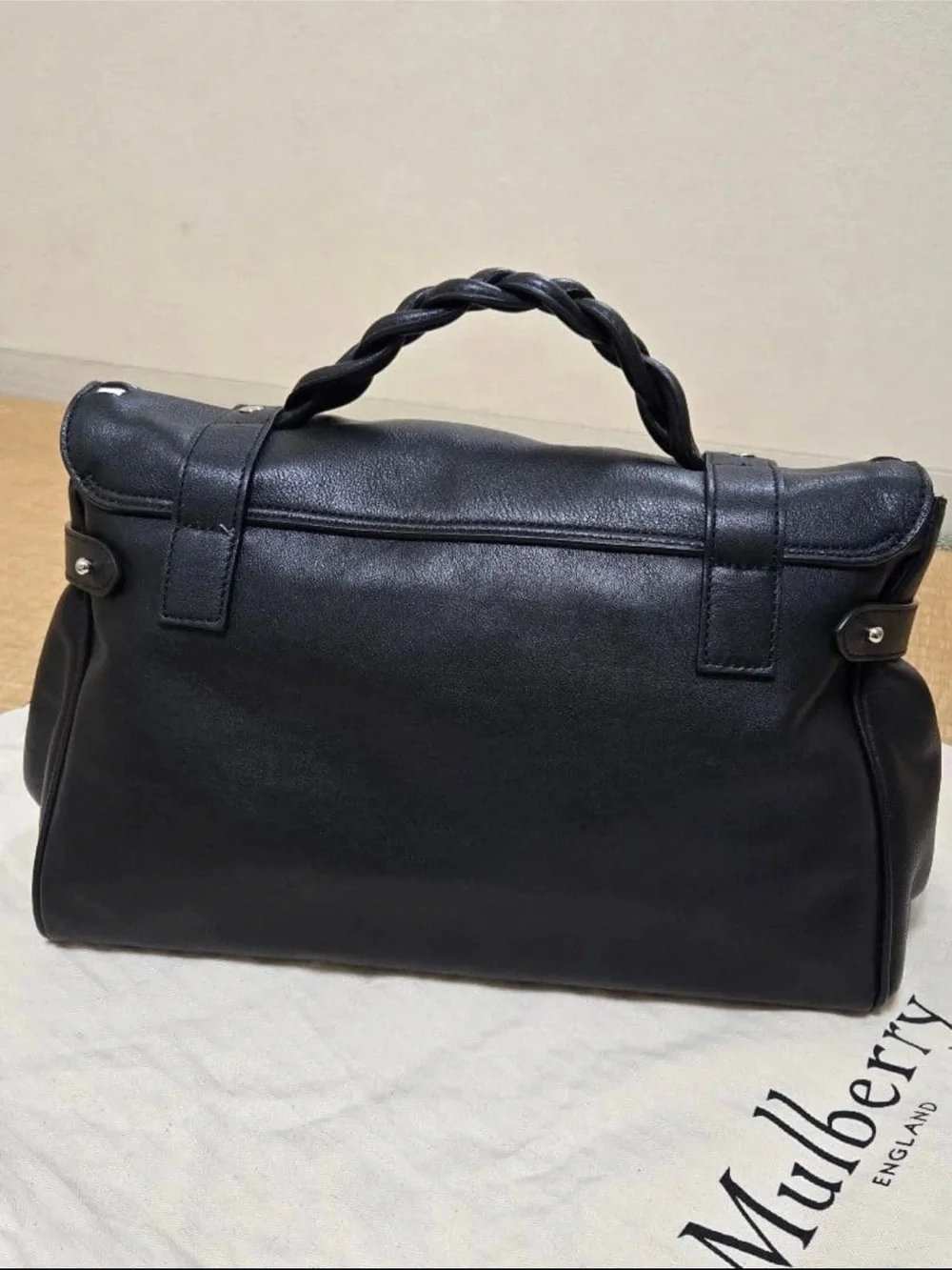 Mulberry Black Leather Satchel with White Trim